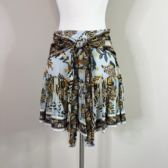 Farm Rio | Tapestry Blue Black Gold Tie Waist Ruffle Designer Mini Skirt XS - Picture 2 of 11